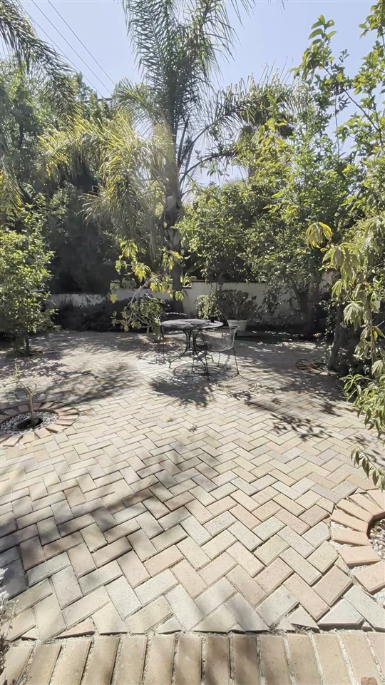 Front garden with trees and a paved sitting area